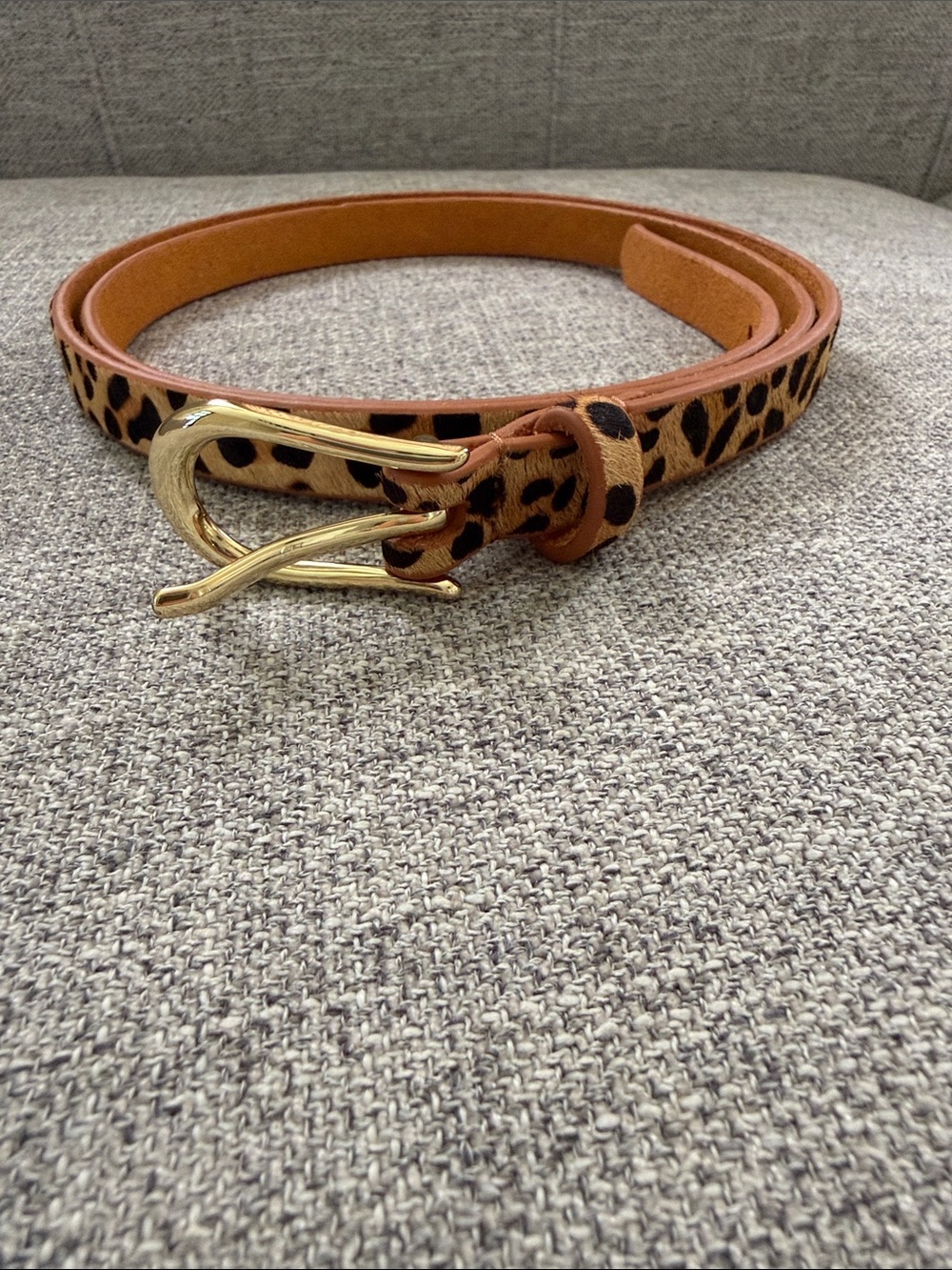 Leather Leopard Print Skinny Belt with Gold Buckle